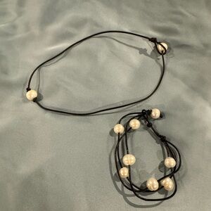 Elegant Pearl and leather cord Necklace and Bracelet Set